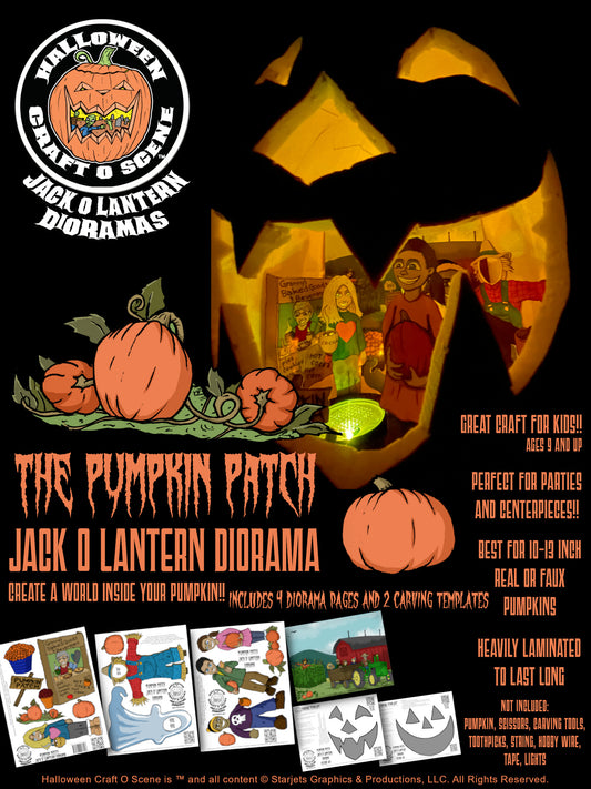 Promotional graphic for 'The Pumpkin Patch Jack O Lantern Diorama' by Halloween Craft O Scene, featuring a large carved pumpkin with a diorama scene inside, pumpkins, and sample activity pages on a black background.